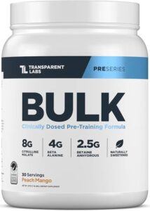 Transparent Labs BULK best overall pre-workout 2026 17 clinical ingredients 8g citrulline 200mg organic caffeine zero artificial zero proprietary blend
