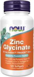 NOW Foods Zinc Glycinate best value zinc bisglycinate 2026 30mg Albion TRAACS pumpkin seed oil 120 softgels NPA GMP prostate health