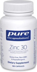Pure Encapsulations Zinc 30 cleanest zinc supplement 2026 30mg picolinate hypoallergenic four ingredients vegan gluten free non-GMO no fillers