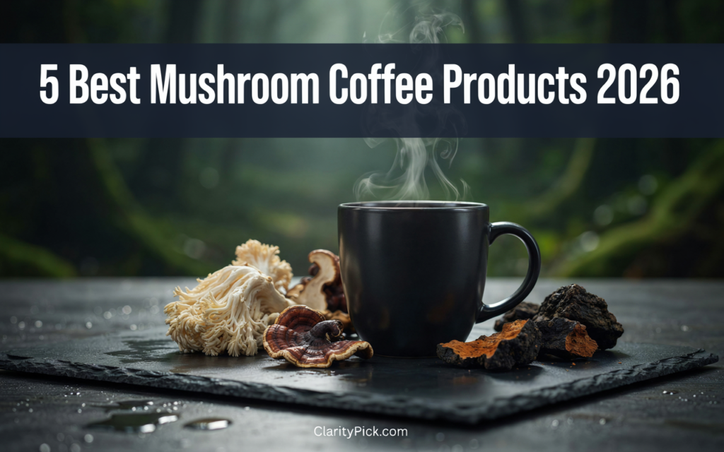 5 best mushroom coffee products 2026 ranked — RYZE, Four Sigmatic, Everyday Dose, Pella Nutrition and MUD WTR on dark slate surface