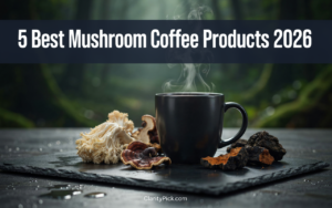 5 best mushroom coffee products 2026 ranked — RYZE, Four Sigmatic, Everyday Dose, Pella Nutrition and MUD WTR on dark slate surface