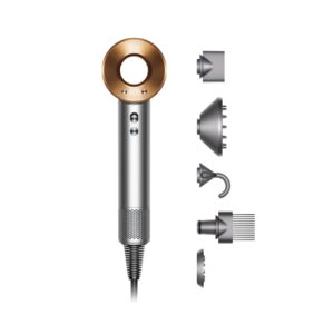 Dyson Supersonic hair dryer on white studio background showing handle and barrel