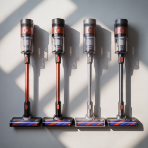 Four cordless stick vacuums from Dyson, Samsung, Tineco, and Shark arranged together for a 2026 comparison review