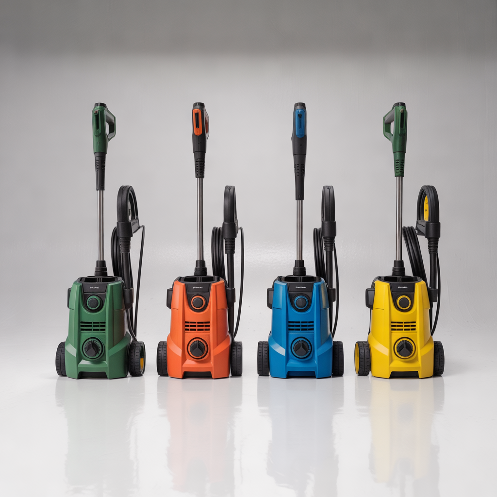 Four electric pressure washers from Sun Joe, Karcher, Westinghouse, and Greenworks arranged together for a 2026 comparison review