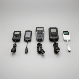 Five OBD2 scanners from Autel, BlueDriver, Innova, Foxwell, and FIXD arranged together for a 2026 comparison review