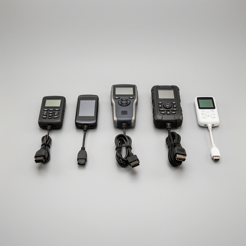 Five OBD2 scanners from Autel, BlueDriver, Innova, Foxwell, and FIXD arranged together for a 2026 comparison review