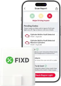 FIXD Bluetooth OBD2 sensor plugged into car diagnostic port